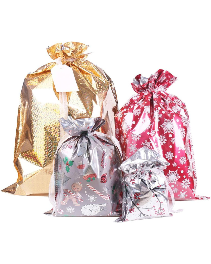 40 Pack Christmas Gift Bags – 4 Designs, 4 Sizes with Drawstring Ribbons & 50 Gift Tags | Reusable Santa Wrapping Bags for Holiday Presents, Party Favors & Christmas Decorations