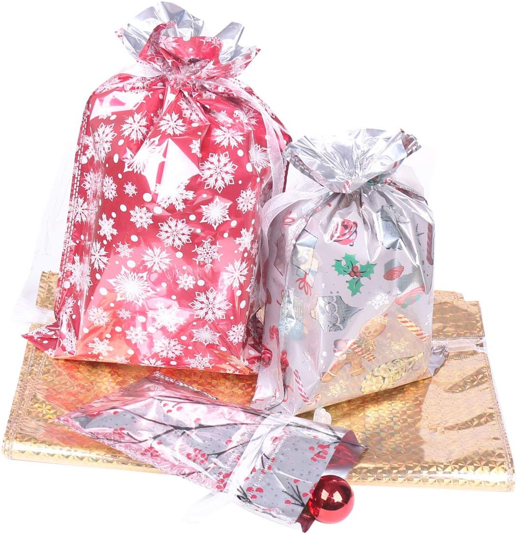 40 Pack Christmas Gift Bags – 4 Designs, 4 Sizes with Drawstring Ribbons & 50 Gift Tags | Reusable Santa Wrapping Bags for Holiday Presents, Party Favors & Christmas Decorations
