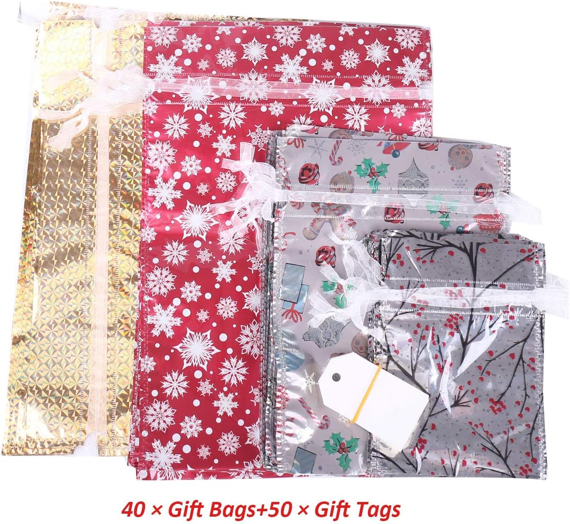 40 Pack Christmas Gift Bags – 4 Designs, 4 Sizes with Drawstring Ribbons & 50 Gift Tags | Reusable Santa Wrapping Bags for Holiday Presents, Party Favors & Christmas Decorations