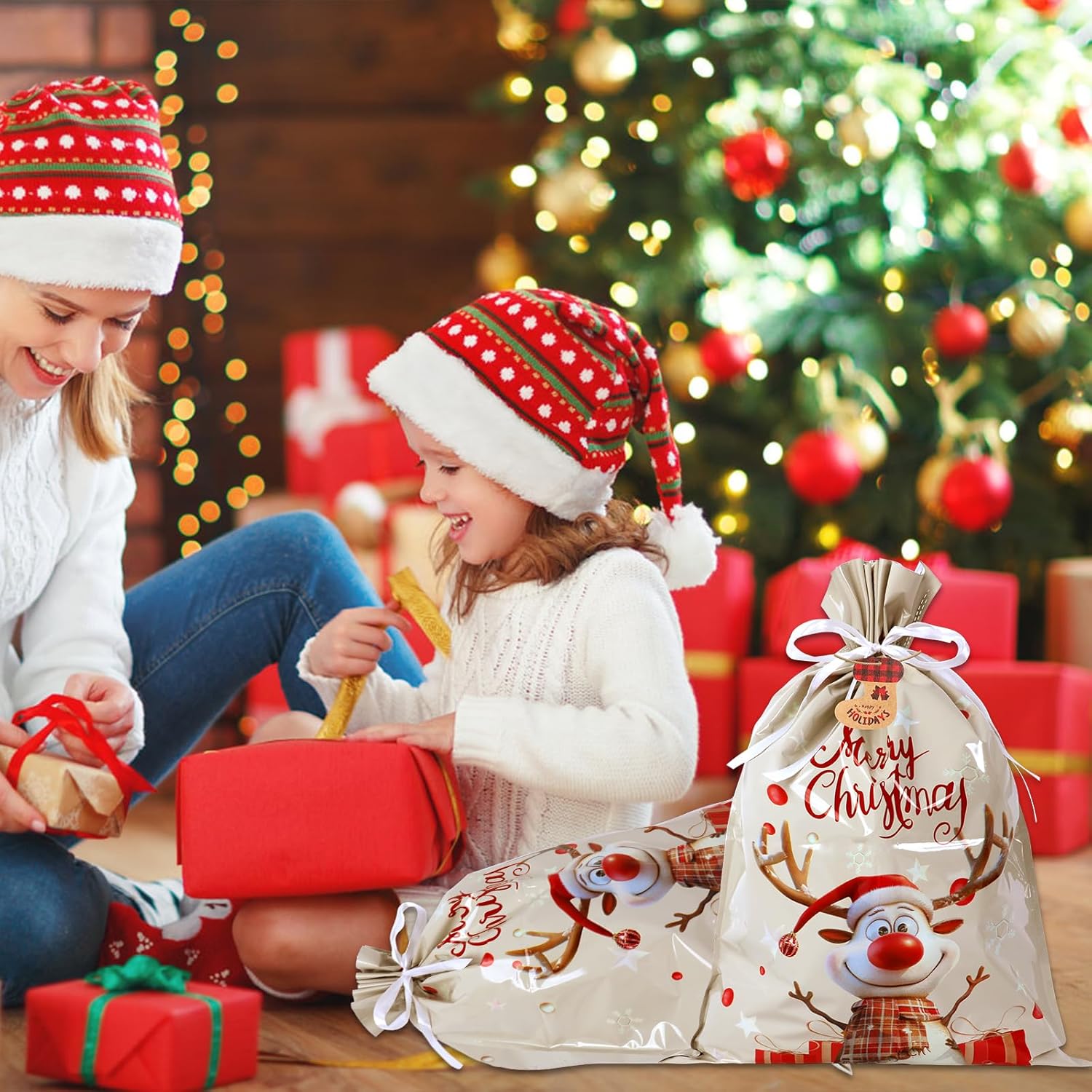 43 * 58cm Extra Large Christmas Drawstring Gift Bags with 24pcs Xmas Tags,12 pcs Christmas Wrapping Bags for Gift Presents Party Favor (White12)