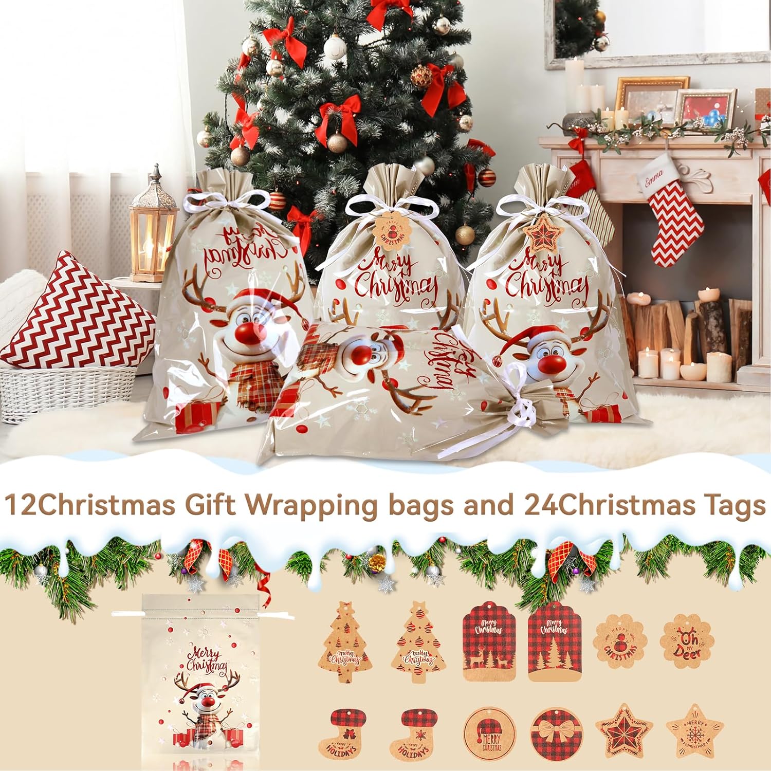 43 * 58cm Extra Large Christmas Drawstring Gift Bags with 24pcs Xmas Tags,12 pcs Christmas Wrapping Bags for Gift Presents Party Favor (White12)