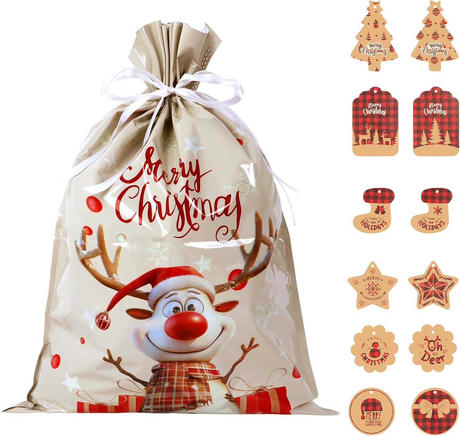 43 * 58cm Extra Large Christmas Drawstring Gift Bags with 24pcs Xmas Tags,12 pcs Christmas Wrapping Bags for Gift Presents Party Favor (White12)