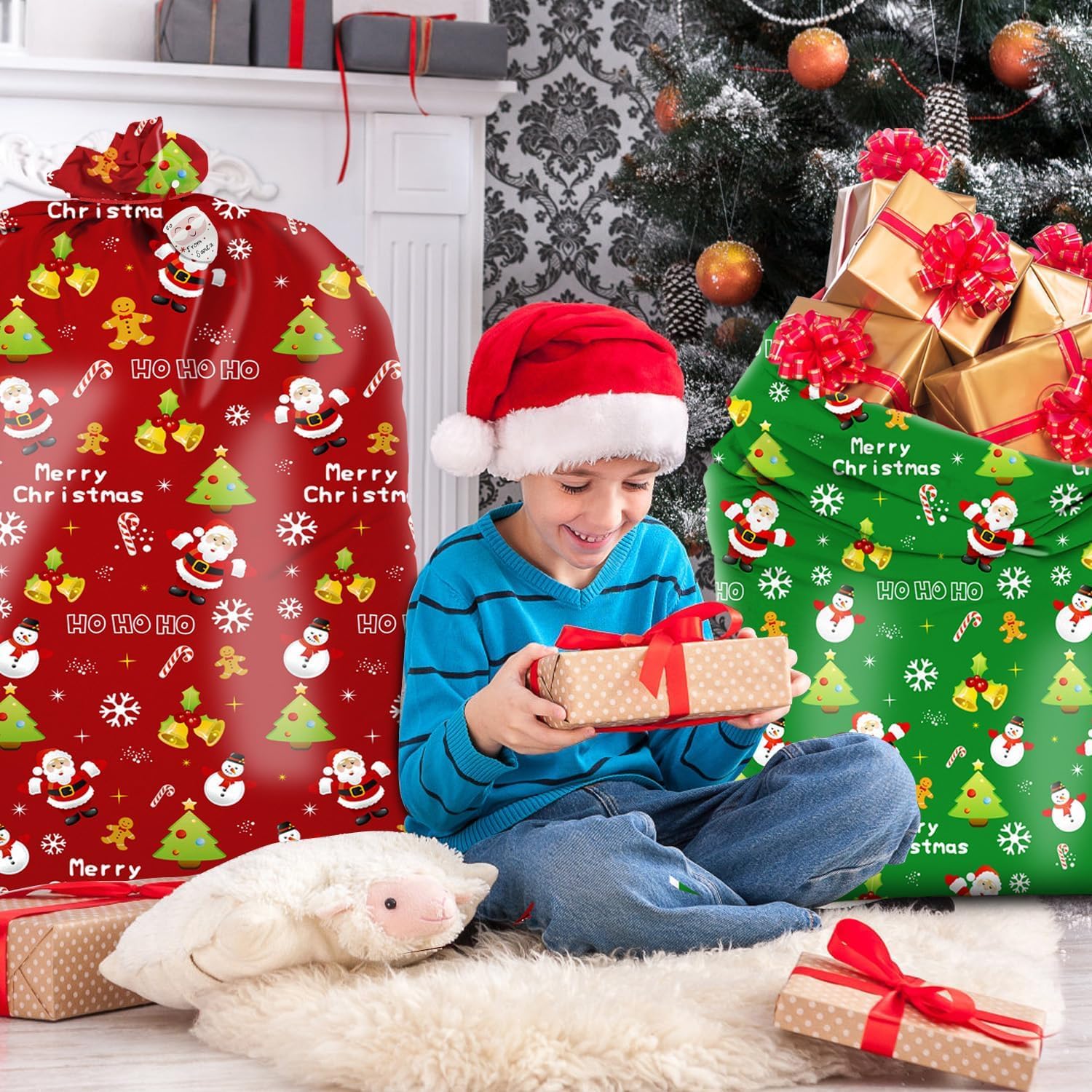 4 PCS Large Christmas Bags，Extra Large Gift Bags Jumbo With Ties & Gift Tags Xmas Gifts Wrap Bag XL Gift Bag for Christmas Presents，92 x 142 cm