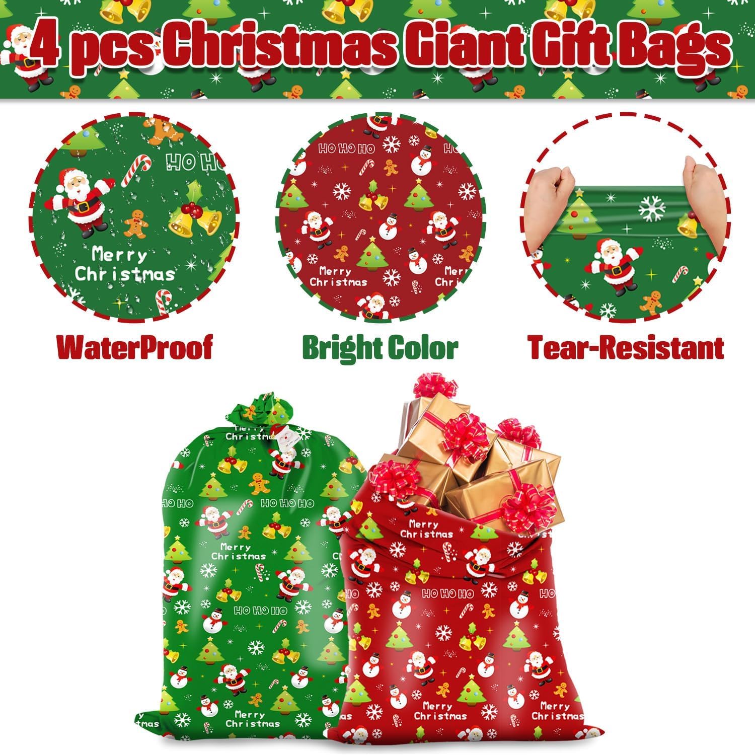 4 PCS Large Christmas Bags，Extra Large Gift Bags Jumbo With Ties & Gift Tags Xmas Gifts Wrap Bag XL Gift Bag for Christmas Presents，92 x 142 cm