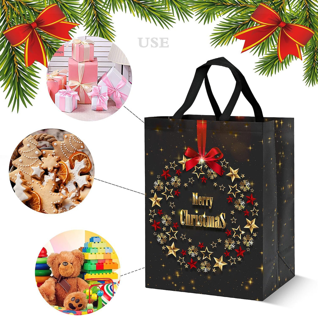 4 Pack Large Christmas Gift Bags – 41x30x18cm Reusable Gold & Black Non-Woven Xmas Bags for Presents – Elegant Star Garland Design, Durable & Waterproof Holiday Tote Bags for Gift Wrapping
