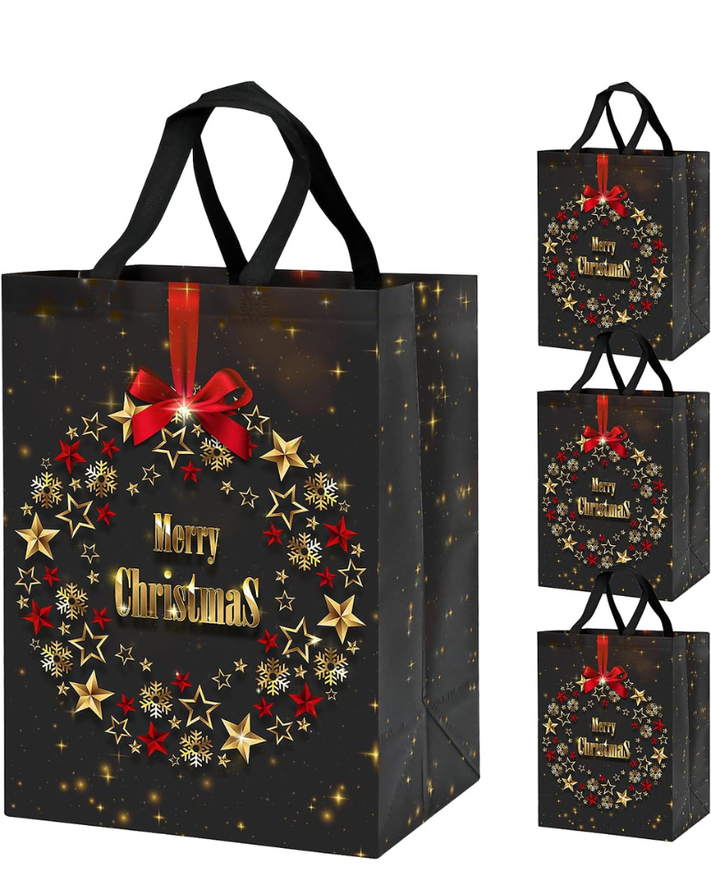 4 Pack Large Christmas Gift Bags – 41x30x18cm Reusable Gold & Black Non-Woven Xmas Bags for Presents – Elegant Star Garland Design, Durable & Waterproof Holiday Tote Bags for Gift Wrapping