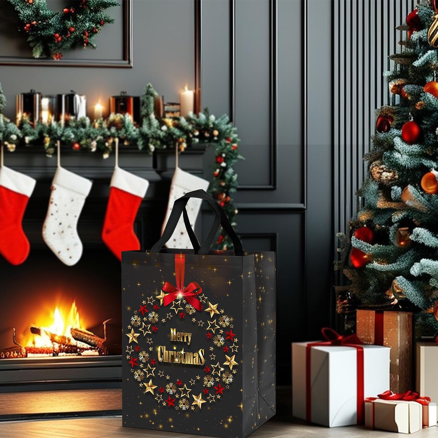 4 Pack Large Christmas Gift Bags – 41x30x18cm Reusable Gold & Black Non-Woven Xmas Bags for Presents – Elegant Star Garland Design, Durable & Waterproof Holiday Tote Bags for Gift Wrapping