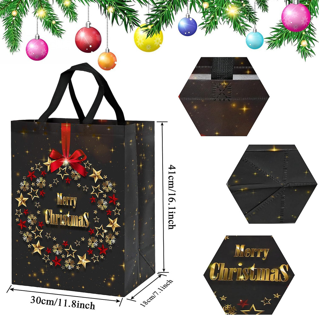 4 Pack Large Christmas Gift Bags – 41x30x18cm Reusable Gold & Black Non-Woven Xmas Bags for Presents – Elegant Star Garland Design, Durable & Waterproof Holiday Tote Bags for Gift Wrapping