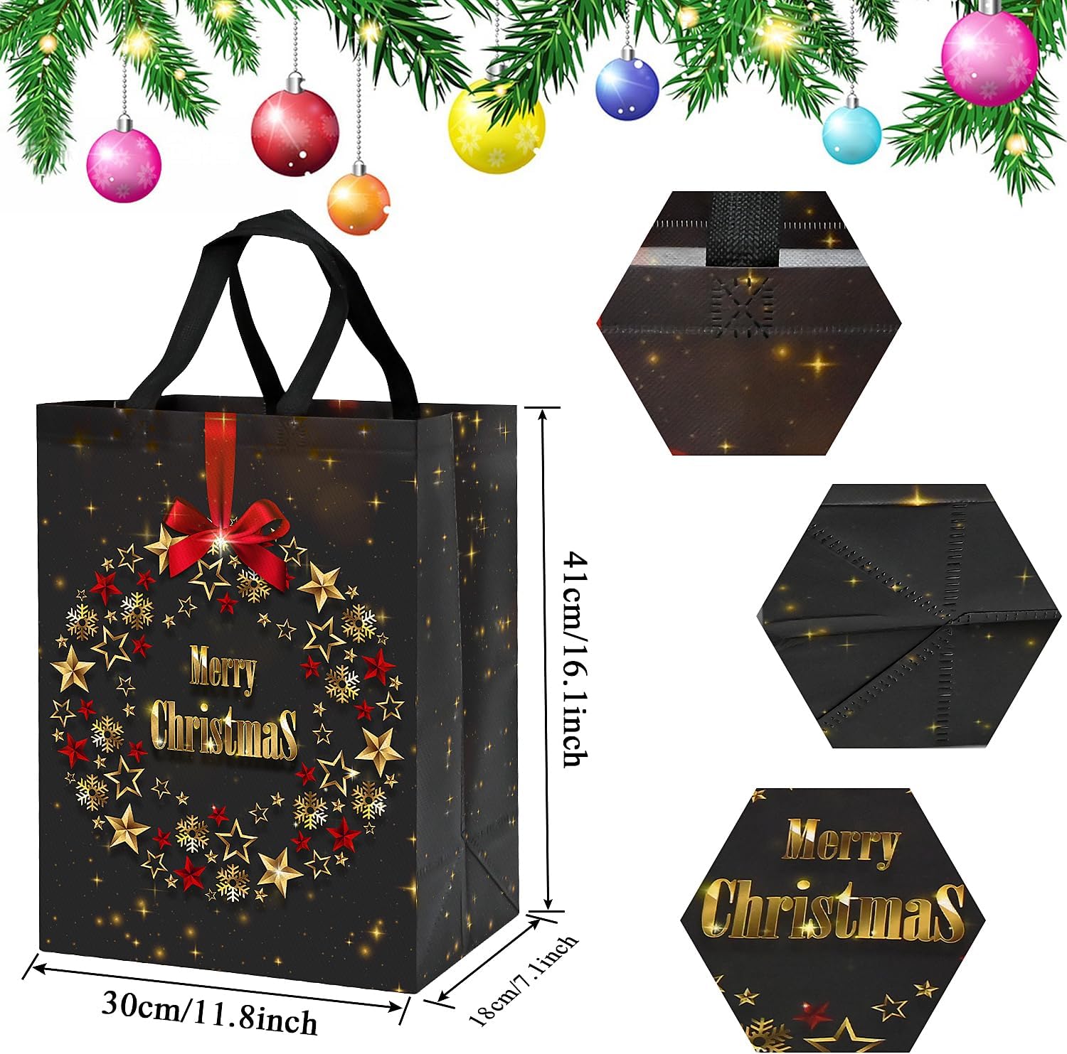 4 Pack Large Christmas Gift Bags – 41x30x18cm Reusable Gold & Black Non-Woven Xmas Bags for Presents – Elegant Star Garland Design, Durable & Waterproof Holiday Tote Bags for Gift Wrapping