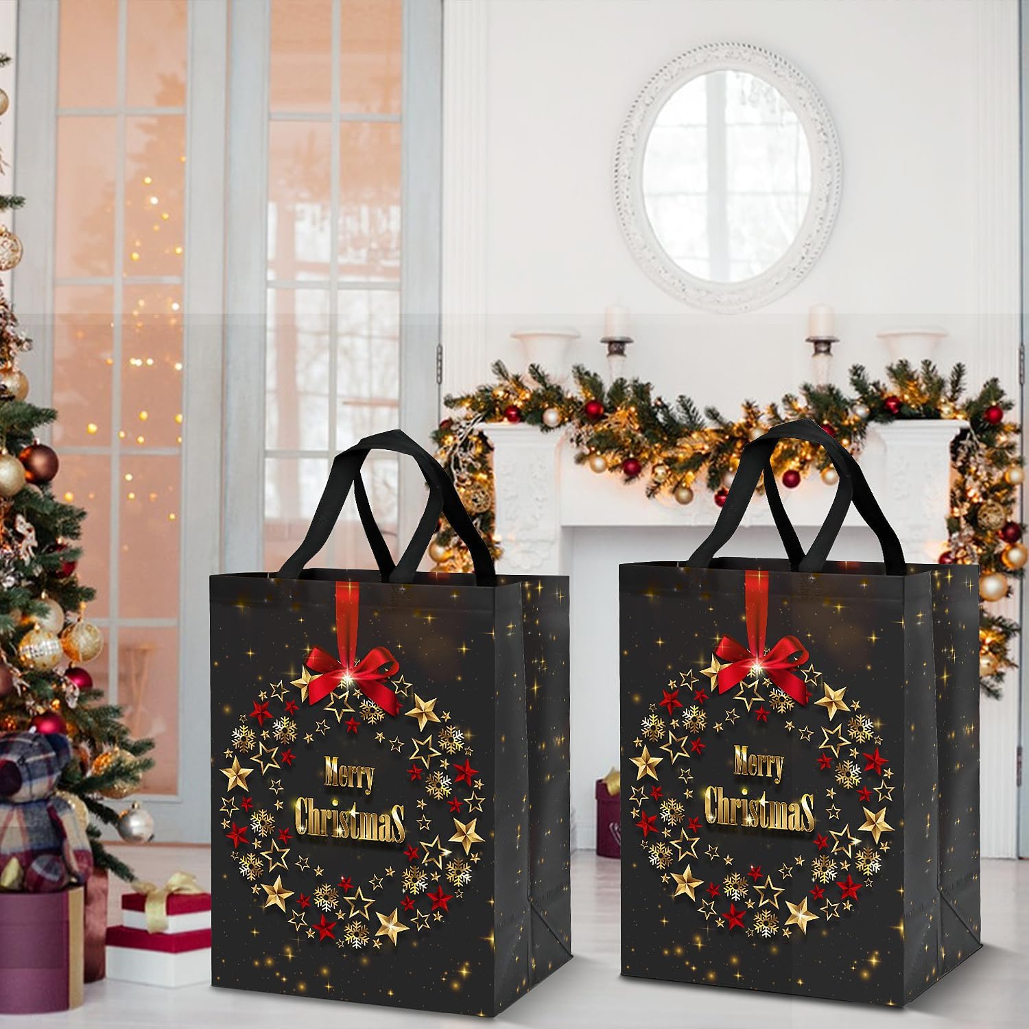 4 Pack Large Christmas Gift Bags – 41x30x18cm Reusable Gold & Black Non-Woven Xmas Bags for Presents – Elegant Star Garland Design, Durable & Waterproof Holiday Tote Bags for Gift Wrapping