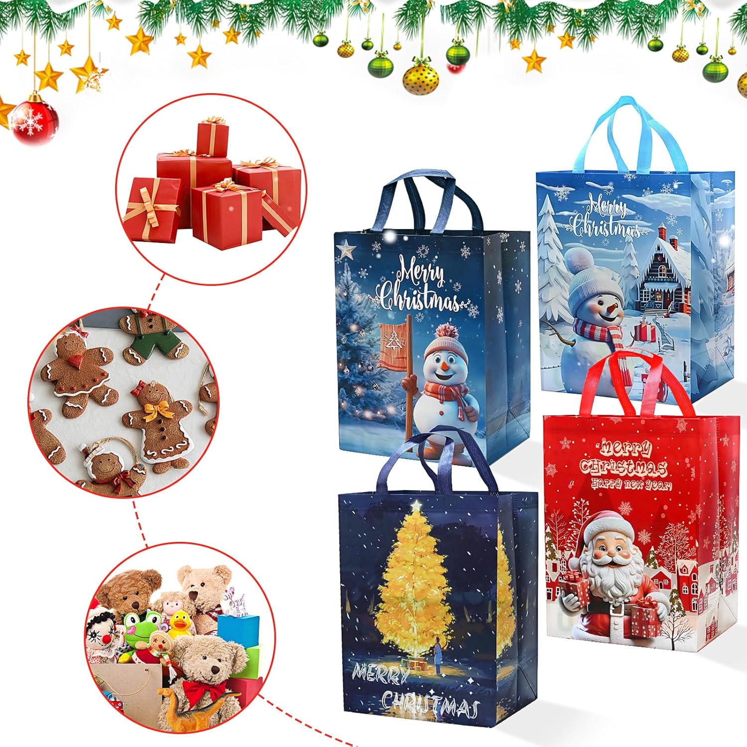 4Pack Large Christmas Gifts Bags Multipack, 18 * 30 * 41cm Christmas Bags for Presents Xmas Party