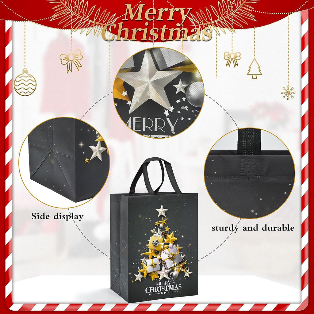 4 Pack Large Grey Christmas Tote Gift Bags – 41x30x18cm Reusable Non-Woven Xmas Bags with Gold & Silver Star Tree Design – Waterproof Christmas Present Bags for Holiday Gifting & Daily Use