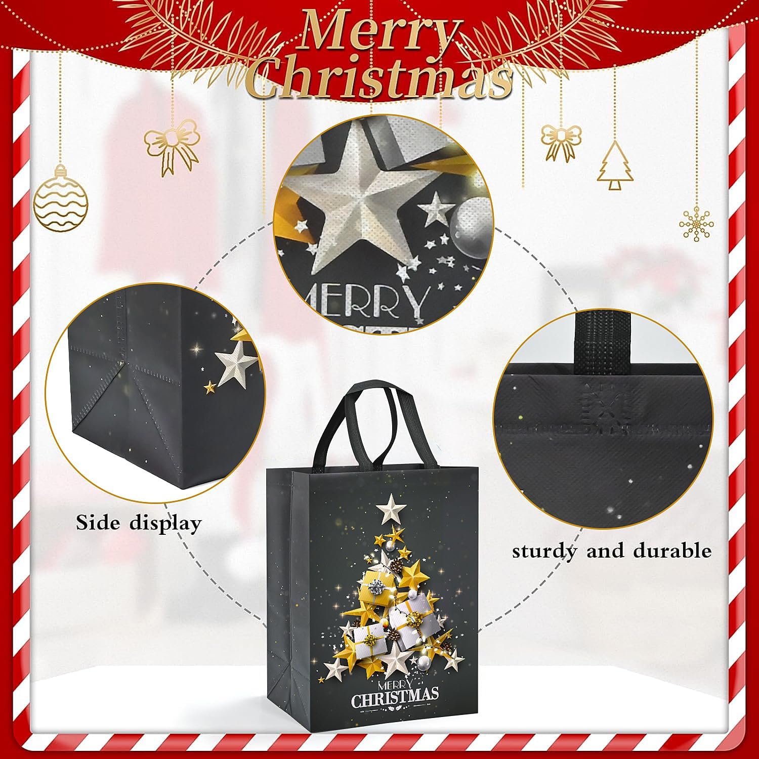 4 Pack Large Grey Christmas Tote Gift Bags – 41x30x18cm Reusable Non-Woven Xmas Bags with Gold & Silver Star Tree Design – Waterproof Christmas Present Bags for Holiday Gifting & Daily Use