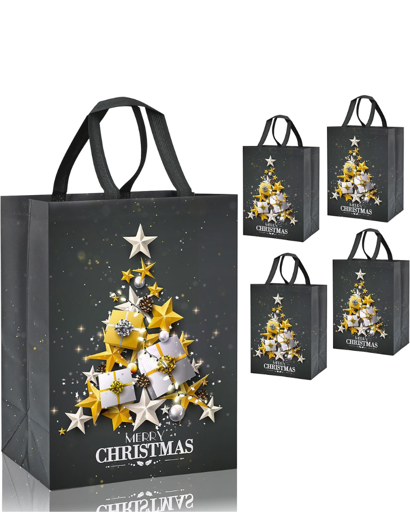 4 Pack Large Grey Christmas Tote Gift Bags – 41x30x18cm Reusable Non-Woven Xmas Bags with Gold & Silver Star Tree Design – Waterproof Christmas Present Bags for Holiday Gifting & Daily Use