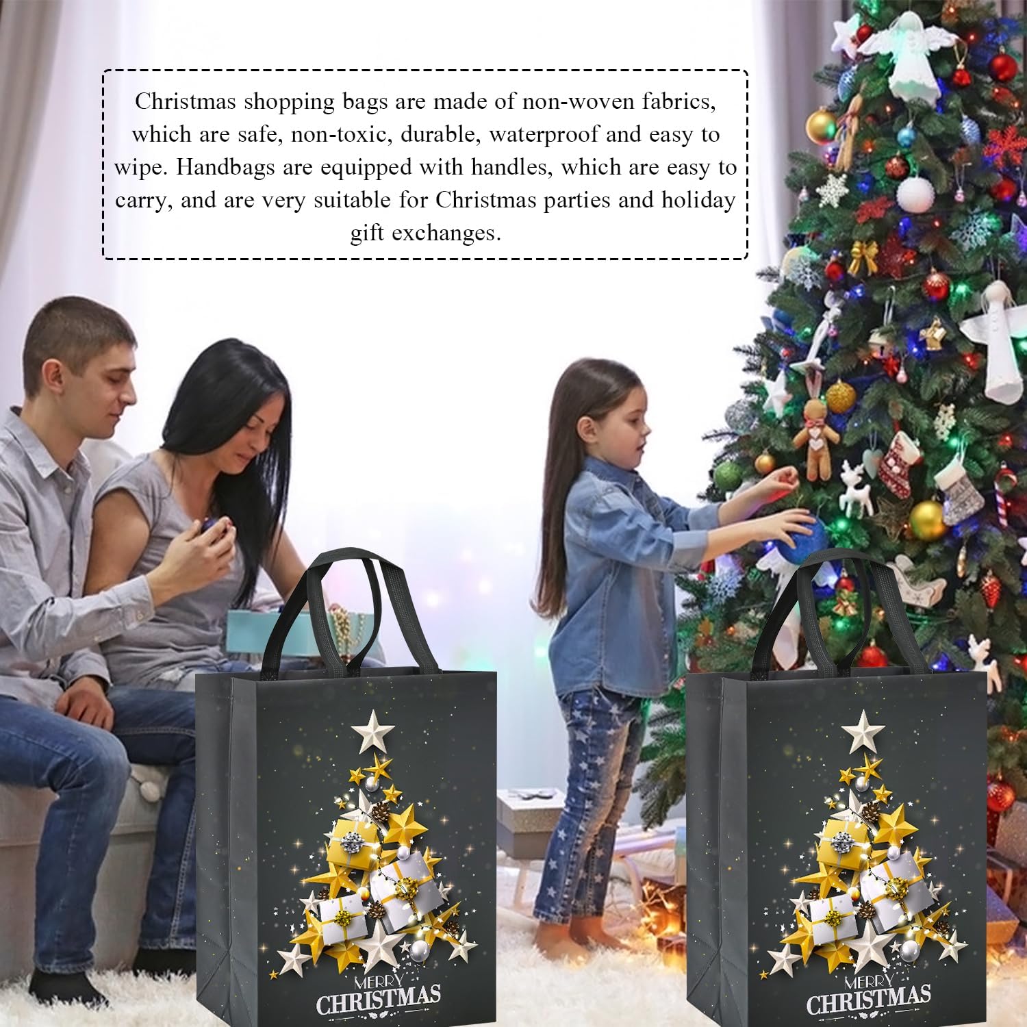 4 Pack Large Grey Christmas Tote Gift Bags – 41x30x18cm Reusable Non-Woven Xmas Bags with Gold & Silver Star Tree Design – Waterproof Christmas Present Bags for Holiday Gifting & Daily Use