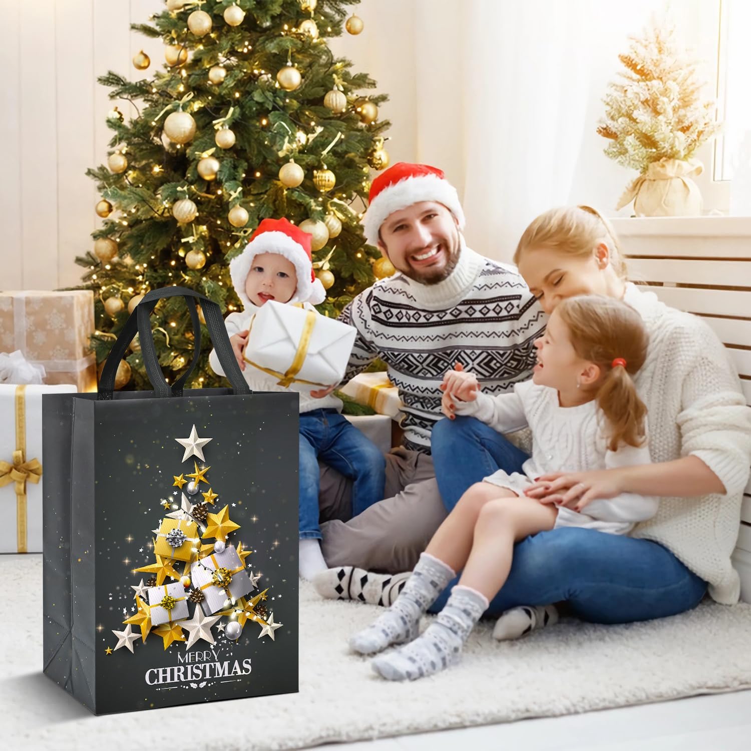 4 Pack Large Grey Christmas Tote Gift Bags – 41x30x18cm Reusable Non-Woven Xmas Bags with Gold & Silver Star Tree Design – Waterproof Christmas Present Bags for Holiday Gifting & Daily Use