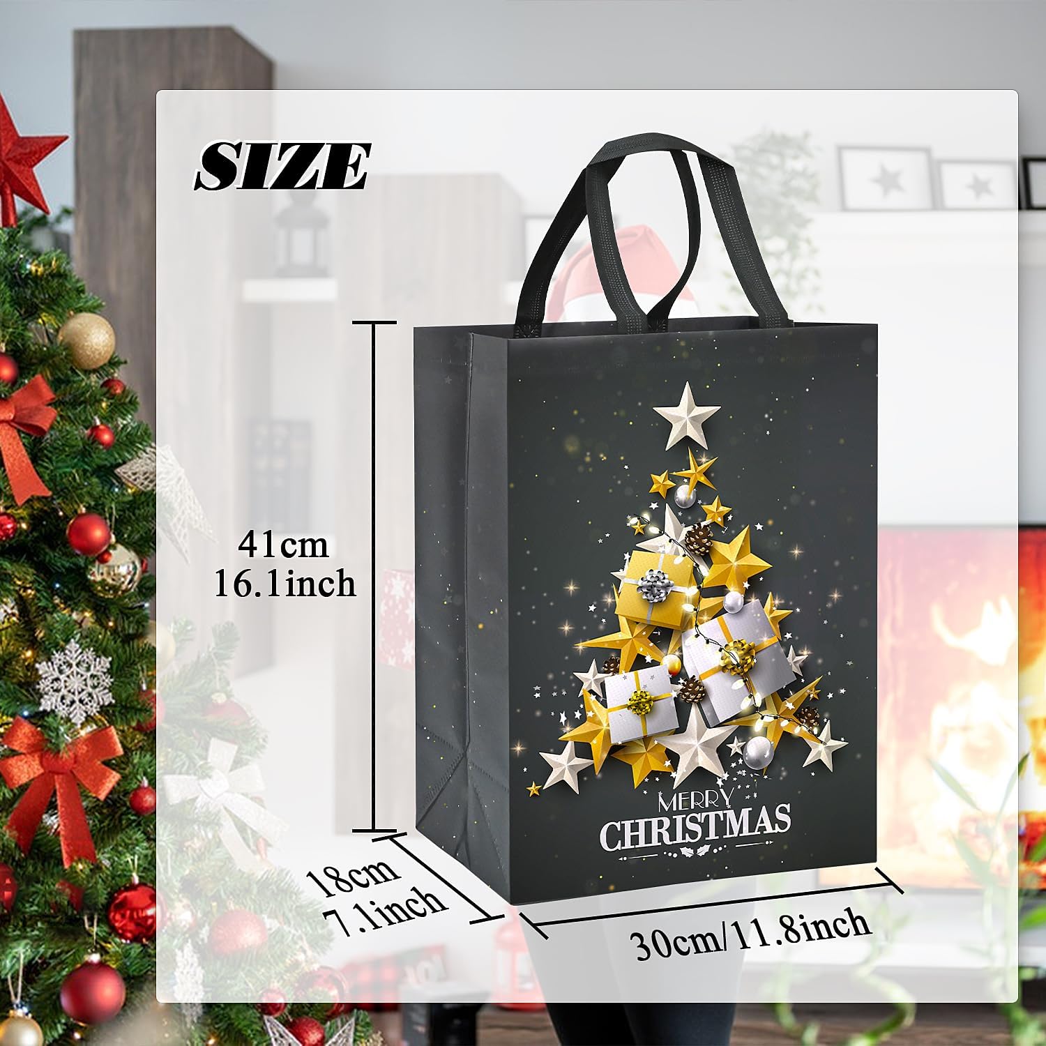 4 Pack Large Grey Christmas Tote Gift Bags – 41x30x18cm Reusable Non-Woven Xmas Bags with Gold & Silver Star Tree Design – Waterproof Christmas Present Bags for Holiday Gifting & Daily Use