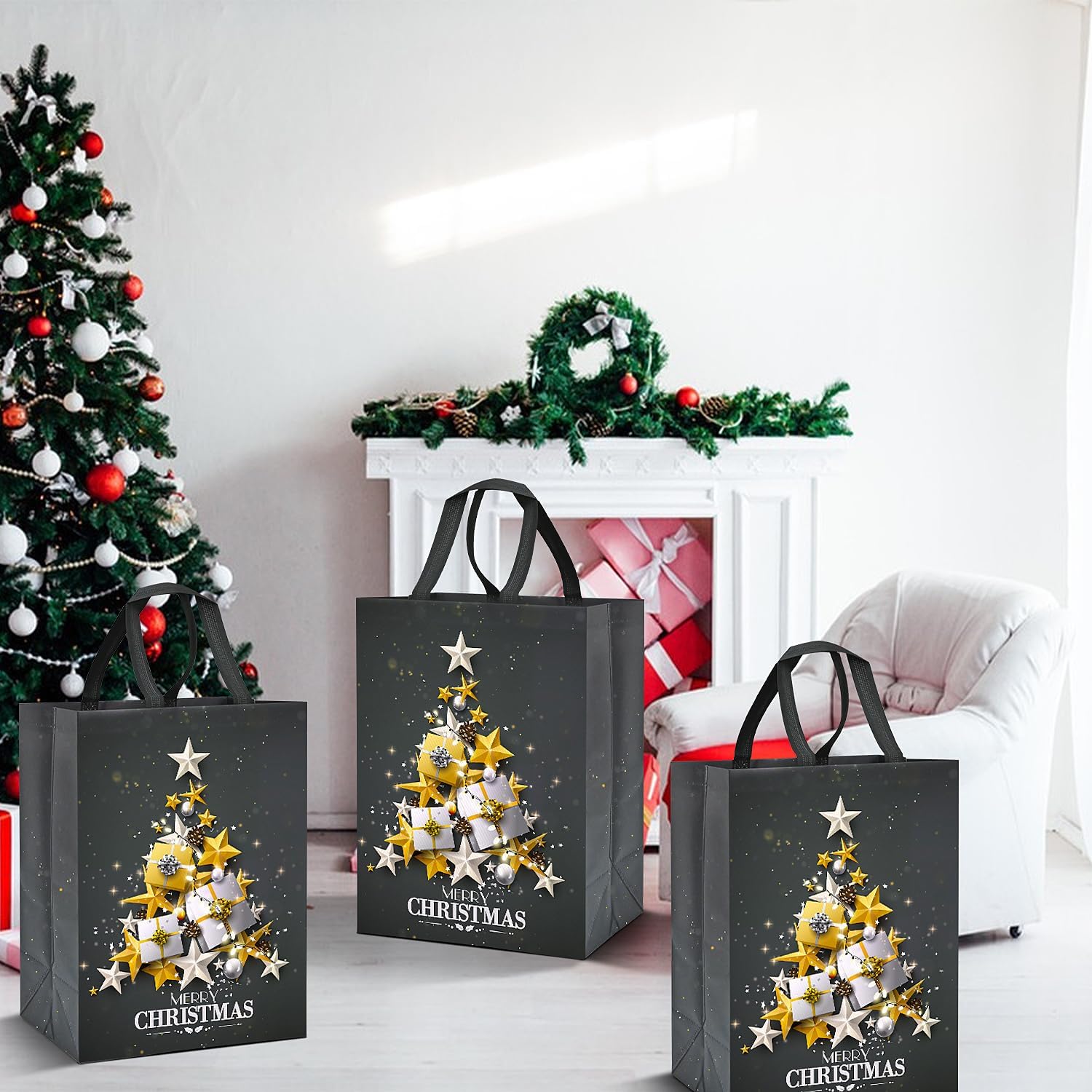 4 Pack Large Grey Christmas Tote Gift Bags – 41x30x18cm Reusable Non-Woven Xmas Bags with Gold & Silver Star Tree Design – Waterproof Christmas Present Bags for Holiday Gifting & Daily Use