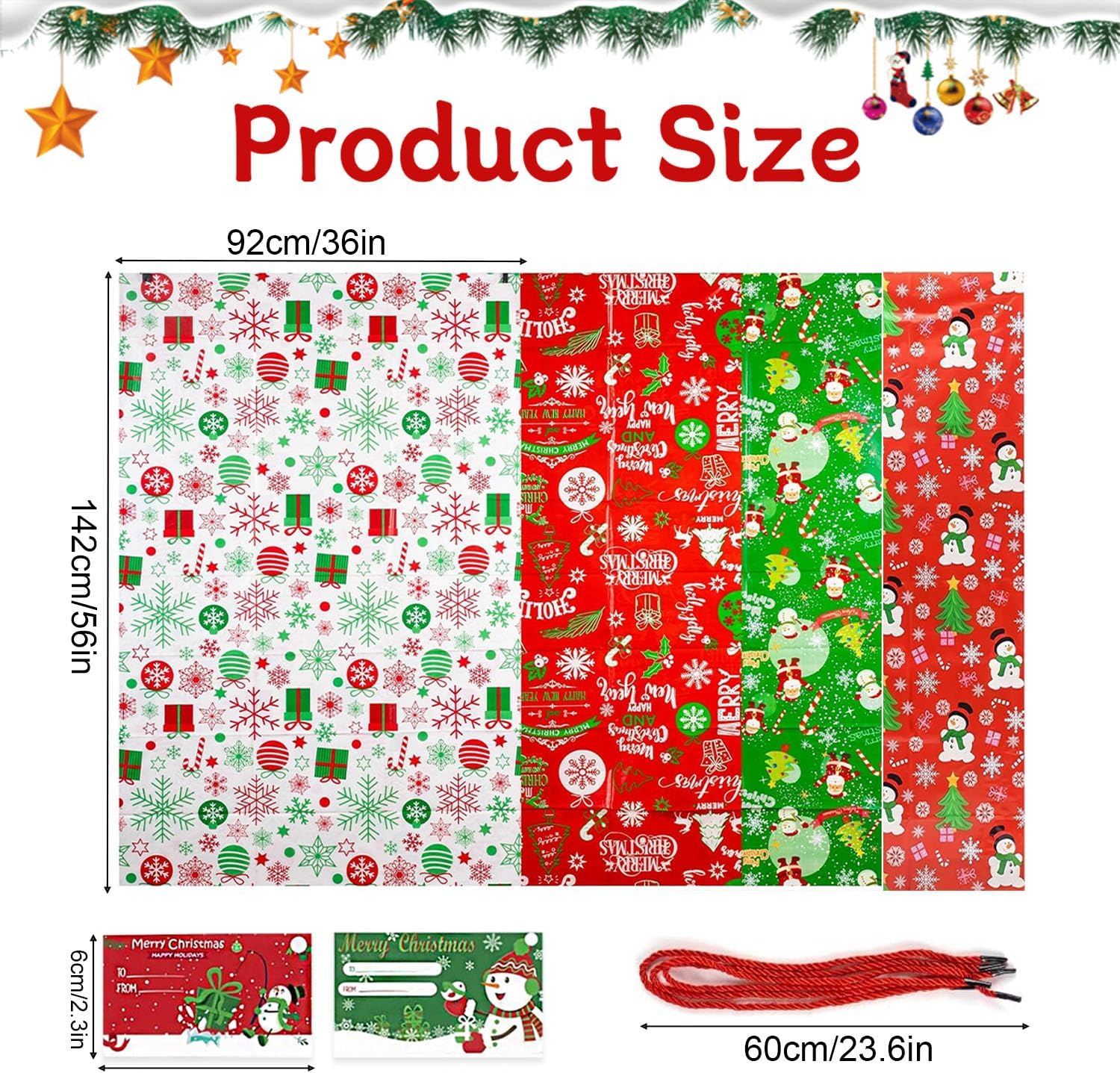 4Pcs Christmas Bags, Extra Large Christmas Giant Gift Bag, 36x56"Large Xmas Drawstring Gift Bags for Presents Xmas Sacks Large with Gift Tags & Tie Party Favors