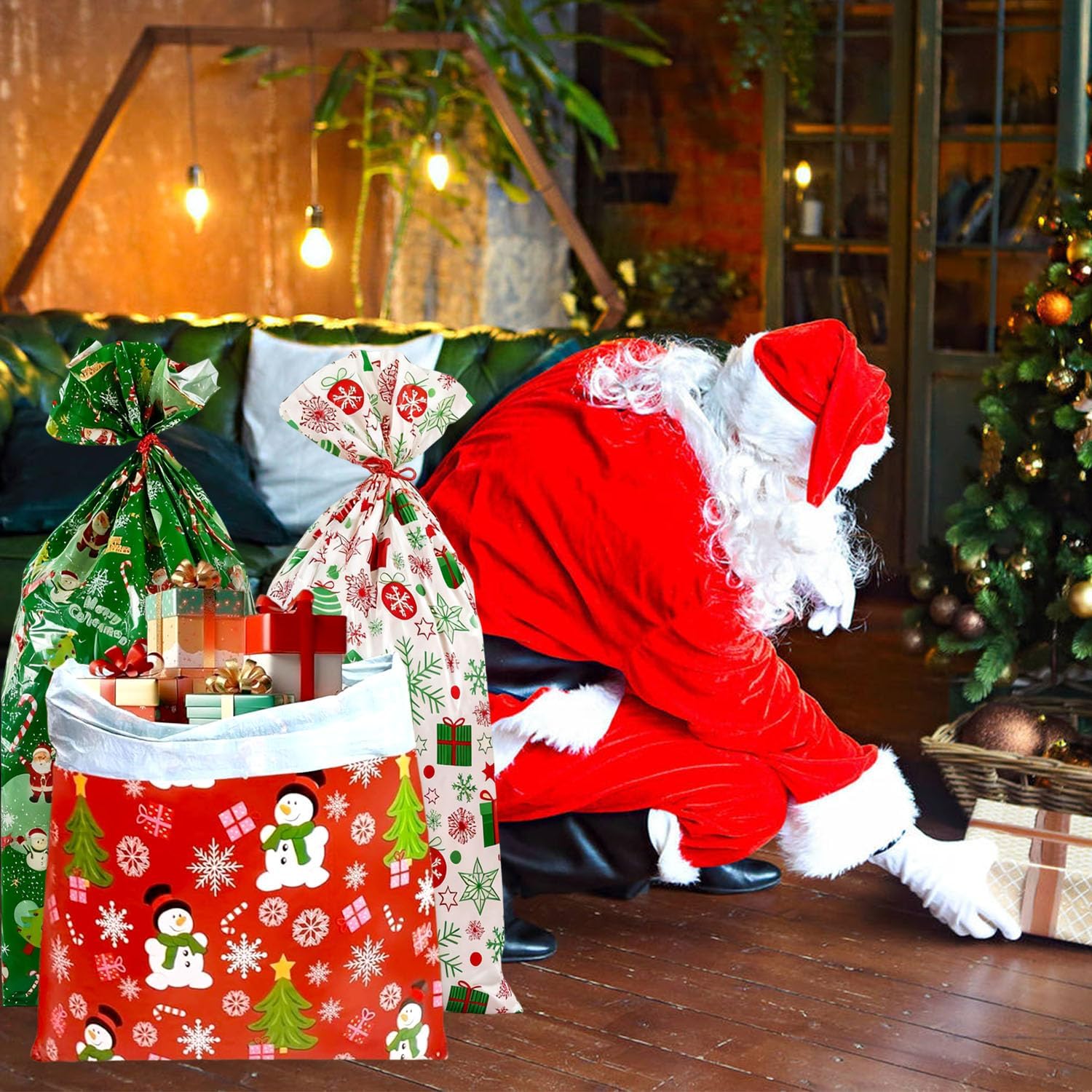 4Pcs Christmas Bags, Extra Large Christmas Giant Gift Bag, 36x56"Large Xmas Drawstring Gift Bags for Presents Xmas Sacks Large with Gift Tags & Tie Party Favors