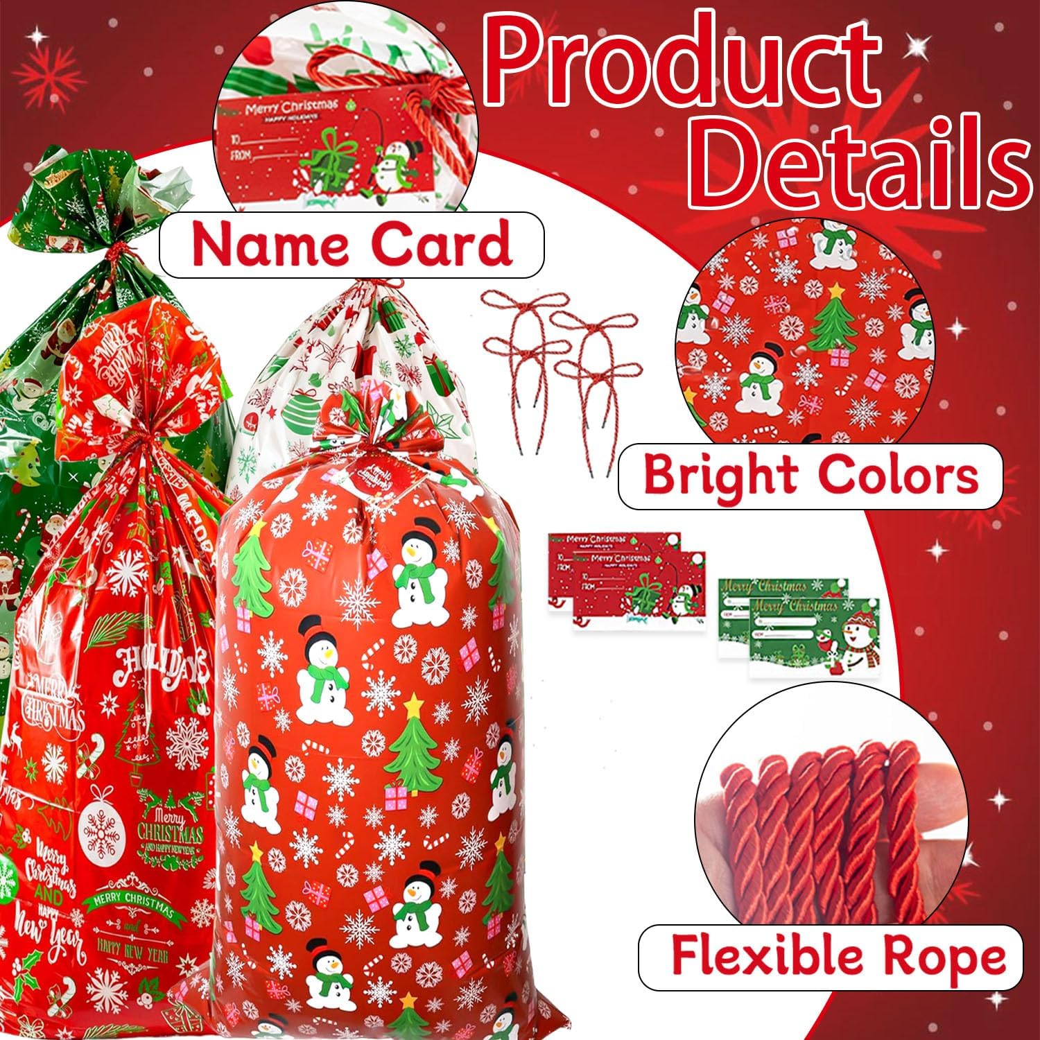 4Pcs Christmas Bags, Extra Large Christmas Giant Gift Bag, 36x56"Large Xmas Drawstring Gift Bags for Presents Xmas Sacks Large with Gift Tags & Tie Party Favors