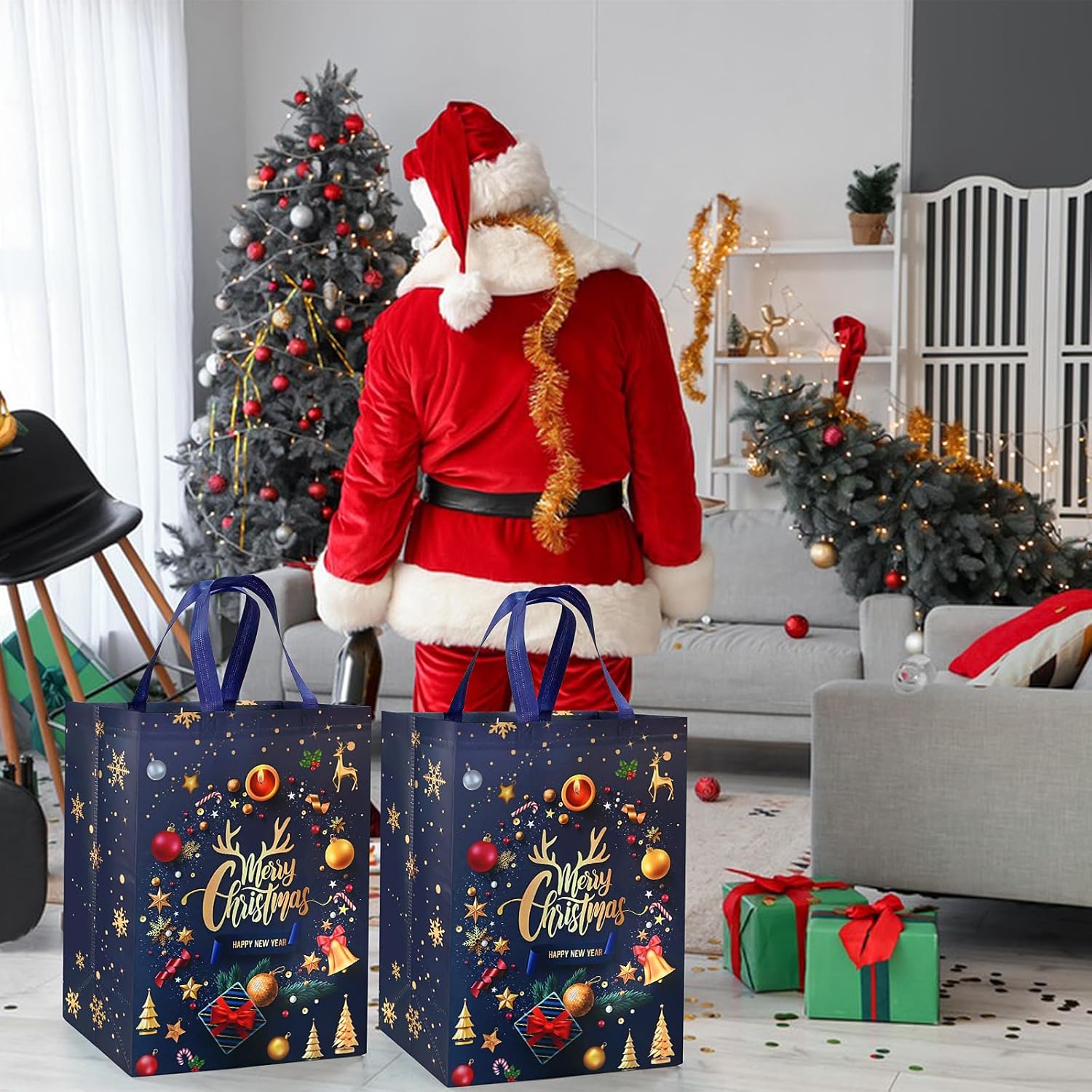 4 Pack Large Christmas Gift Bags Multipack – 18x30x41cm Reusable Non-Woven Xmas Present Bags in Red, Gold & Black – DXTXTJ Extra-Large Christmas Tote Bags for Gifts, Parties & Holiday Wrapping