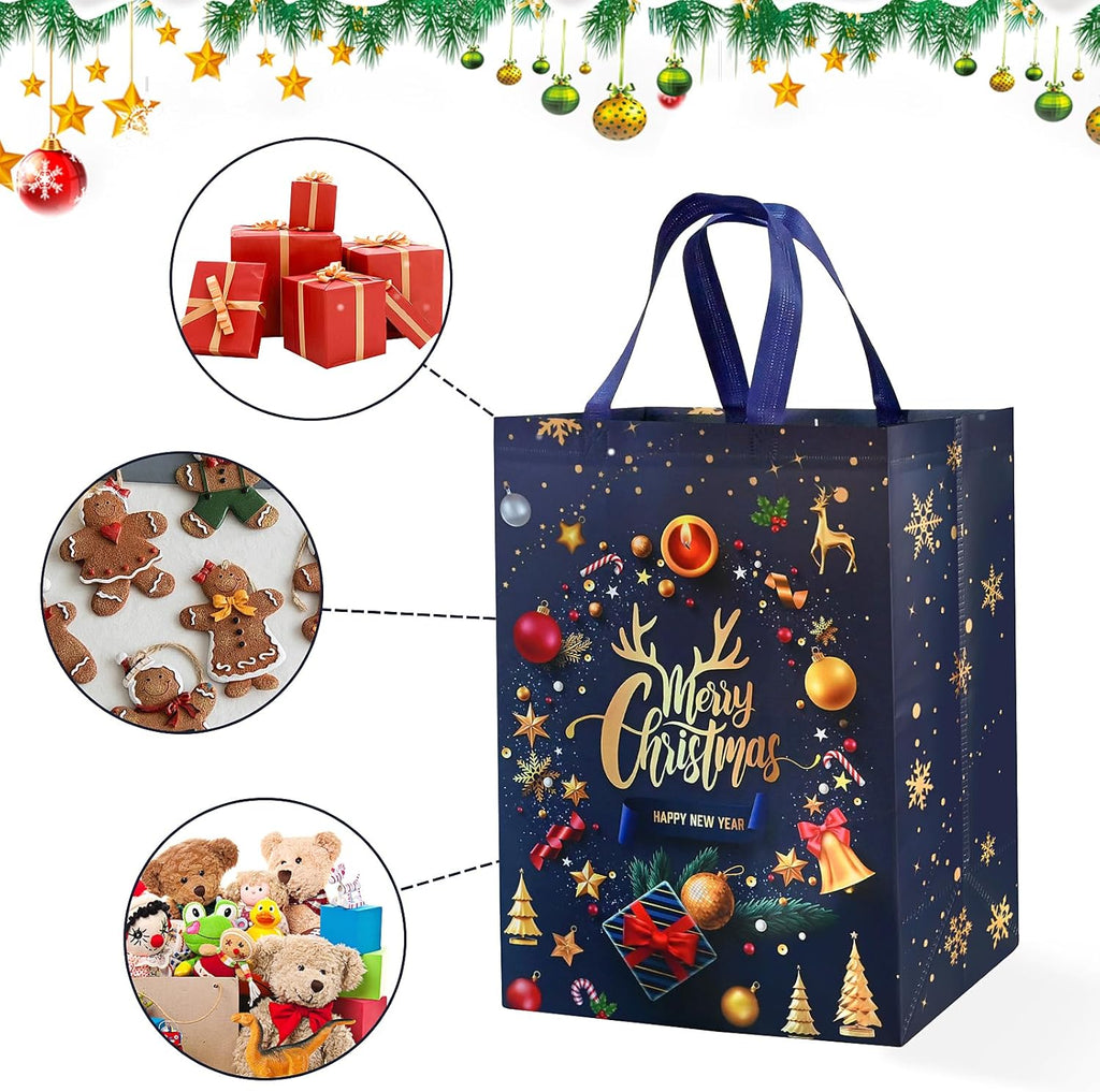 4 Pack Large Christmas Gift Bags Multipack – 18x30x41cm Reusable Non-Woven Xmas Present Bags in Red, Gold & Black – DXTXTJ Extra-Large Christmas Tote Bags for Gifts, Parties & Holiday Wrapping
