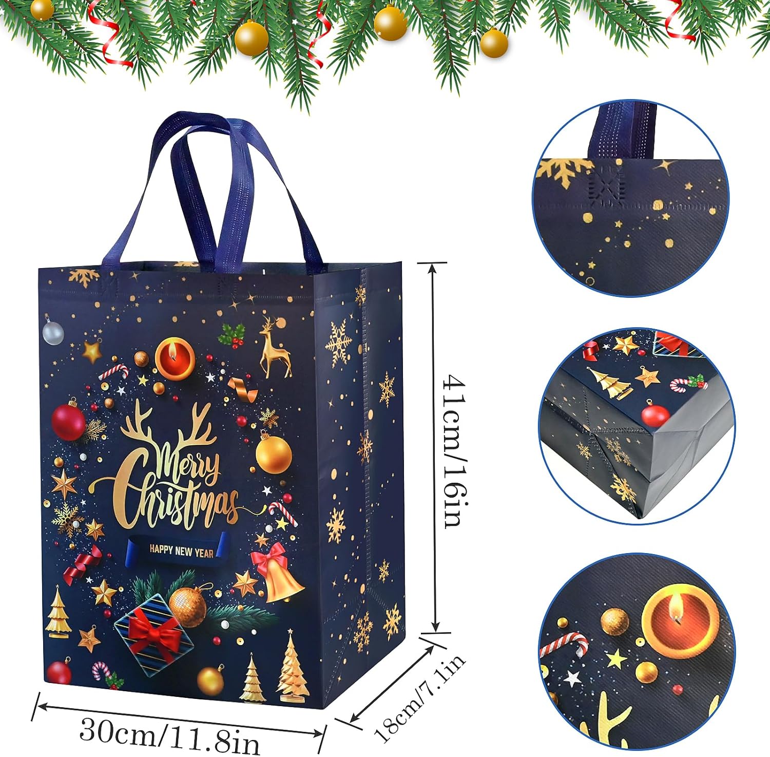 4 Pack Large Christmas Gift Bags Multipack – 18x30x41cm Reusable Non-Woven Xmas Present Bags in Red, Gold & Black – DXTXTJ Extra-Large Christmas Tote Bags for Gifts, Parties & Holiday Wrapping