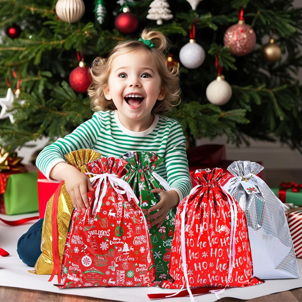 5 Pack Large Christmas Drawstring Gift Wrapping Bags – 22.8" x 17" Foil Goody Bags in Festive Red, Green, Gold & Silver | Reusable Aluminum Film Gift Bags for Holiday Presents & Party Supplies