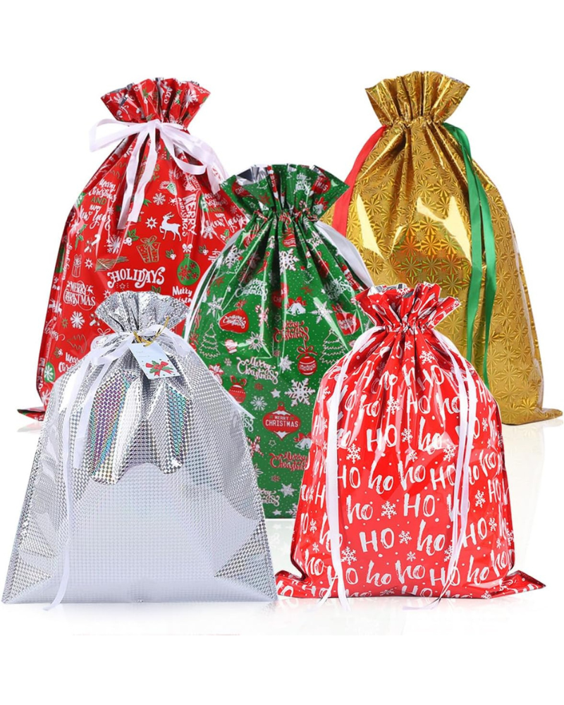 5 Pack Large Christmas Drawstring Gift Wrapping Bags – 22.8" x 17" Foil Goody Bags in Festive Red, Green, Gold & Silver | Reusable Aluminum Film Gift Bags for Holiday Presents & Party Supplies