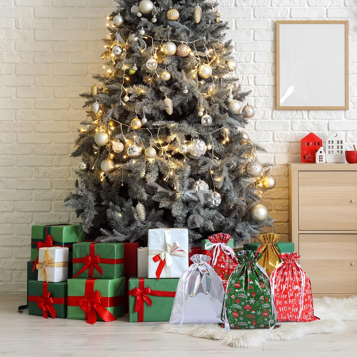 5 Pack Large Christmas Drawstring Gift Wrapping Bags – 22.8" x 17" Foil Goody Bags in Festive Red, Green, Gold & Silver | Reusable Aluminum Film Gift Bags for Holiday Presents & Party Supplies