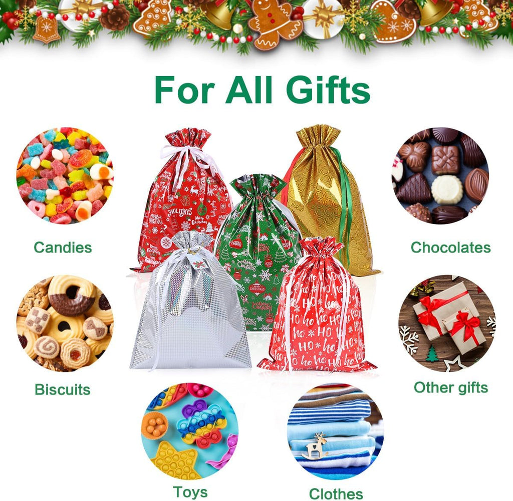 5 Pack Large Christmas Drawstring Gift Wrapping Bags – 22.8" x 17" Foil Goody Bags in Festive Red, Green, Gold & Silver | Reusable Aluminum Film Gift Bags for Holiday Presents & Party Supplies