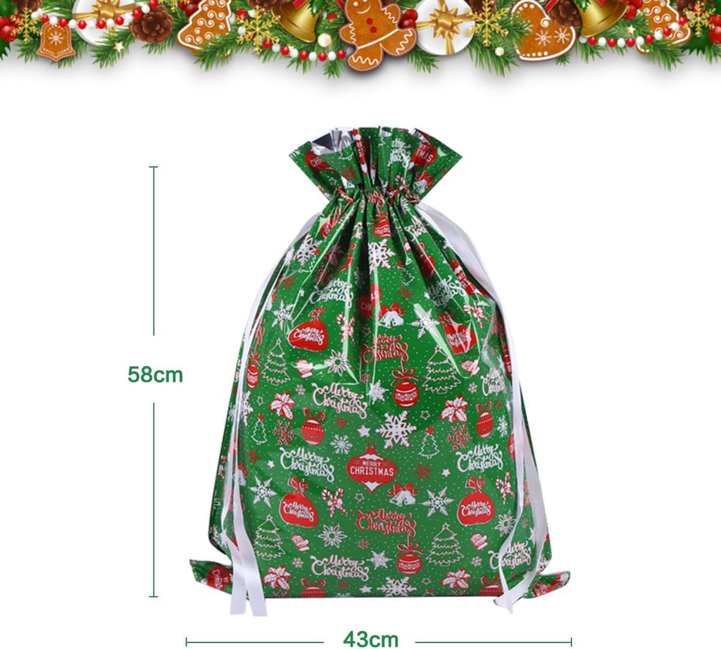 5 Pack Large Christmas Drawstring Gift Wrapping Bags – 22.8" x 17" Foil Goody Bags in Festive Red, Green, Gold & Silver | Reusable Aluminum Film Gift Bags for Holiday Presents & Party Supplies