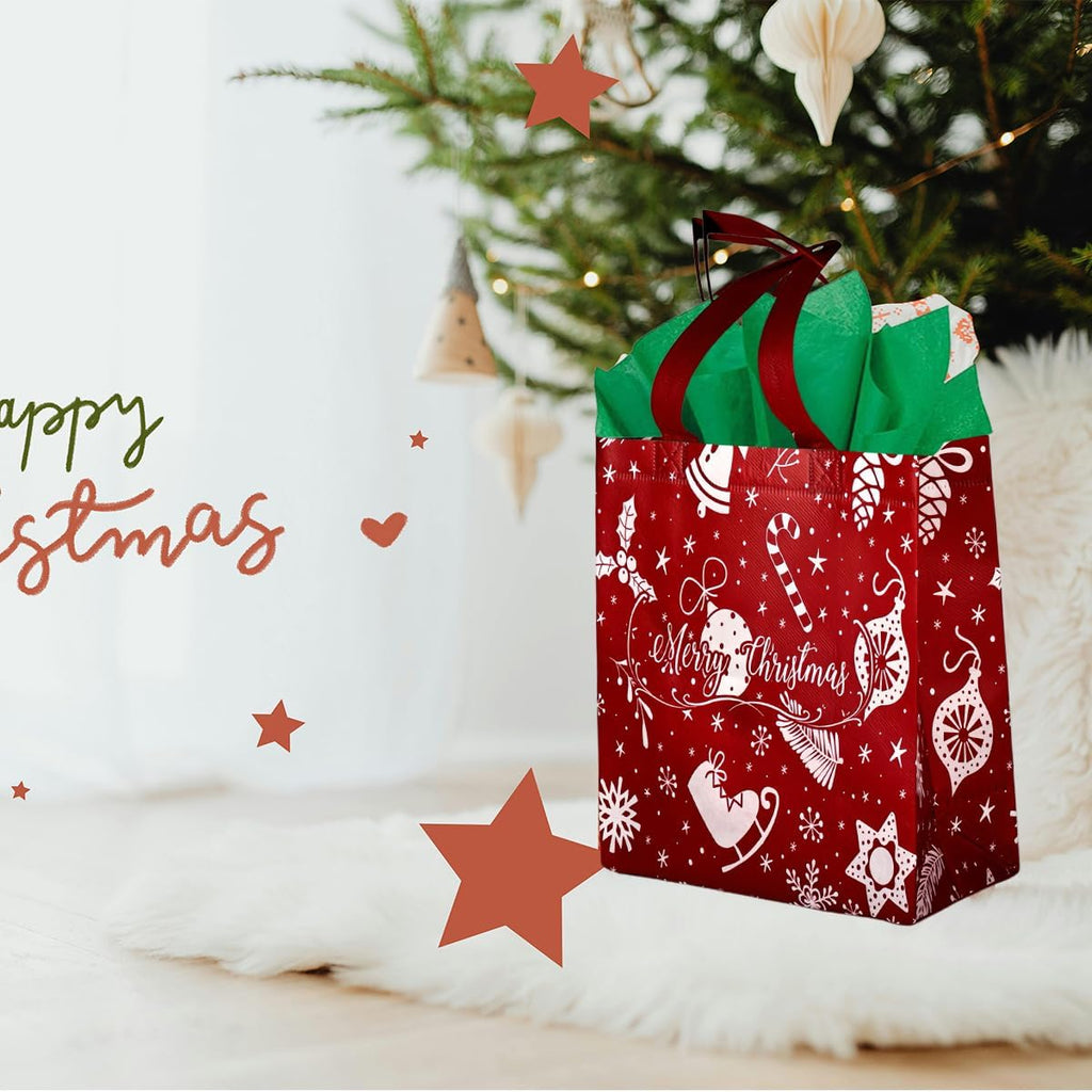 6-Pack Medium Non-Woven Christmas Gift Bags with Tissue Paper – Reusable Xmas Treat Bags with ‘Merry Christmas’ Design, Ideal for Holiday & New Year Gifts