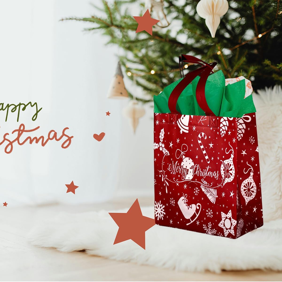 6-Pack Medium Non-Woven Christmas Gift Bags with Tissue Paper – Reusable Xmas Treat Bags with ‘Merry Christmas’ Design, Ideal for Holiday & New Year Gifts