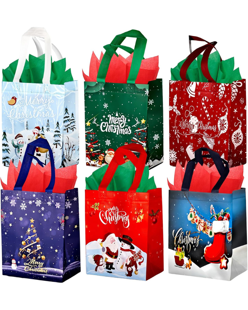 6-Pack Medium Non-Woven Christmas Gift Bags with Tissue Paper – Reusable Xmas Treat Bags with ‘Merry Christmas’ Design, Ideal for Holiday & New Year Gifts