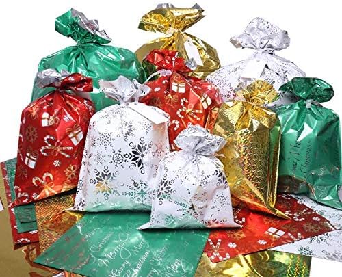 Christmas Bags, 32Pcs Santa Wrapping Bag in 4 Sizes and 4 Designs with Ribbon Ties and Tags for Wrapping Holiday