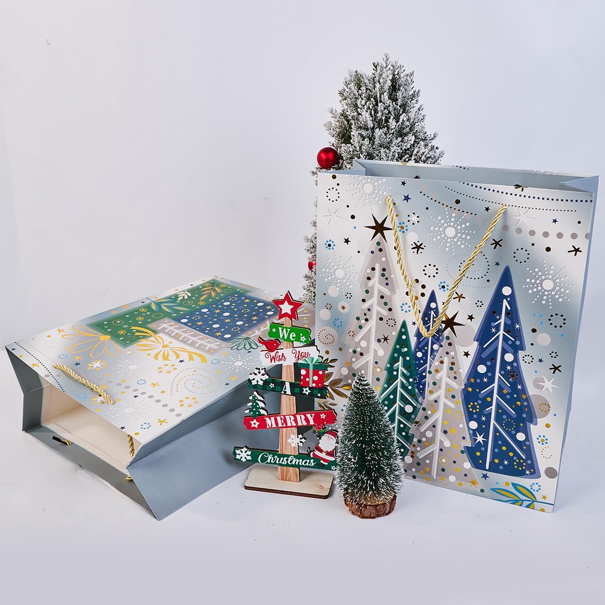 12Pcs Christmas Paper Gift Bags with Tissue Paper, 9 Inch Medium Size Assorted Christmas Elements Gift Wrap Bag for Xmas Party Presents Favors (Sliver)