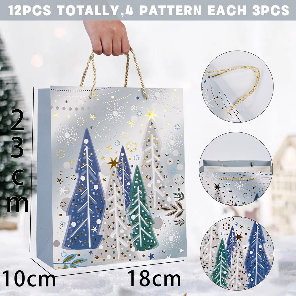 12Pcs Christmas Paper Gift Bags with Tissue Paper, 9 Inch Medium Size Assorted Christmas Elements Gift Wrap Bag for Xmas Party Presents Favors (Sliver)