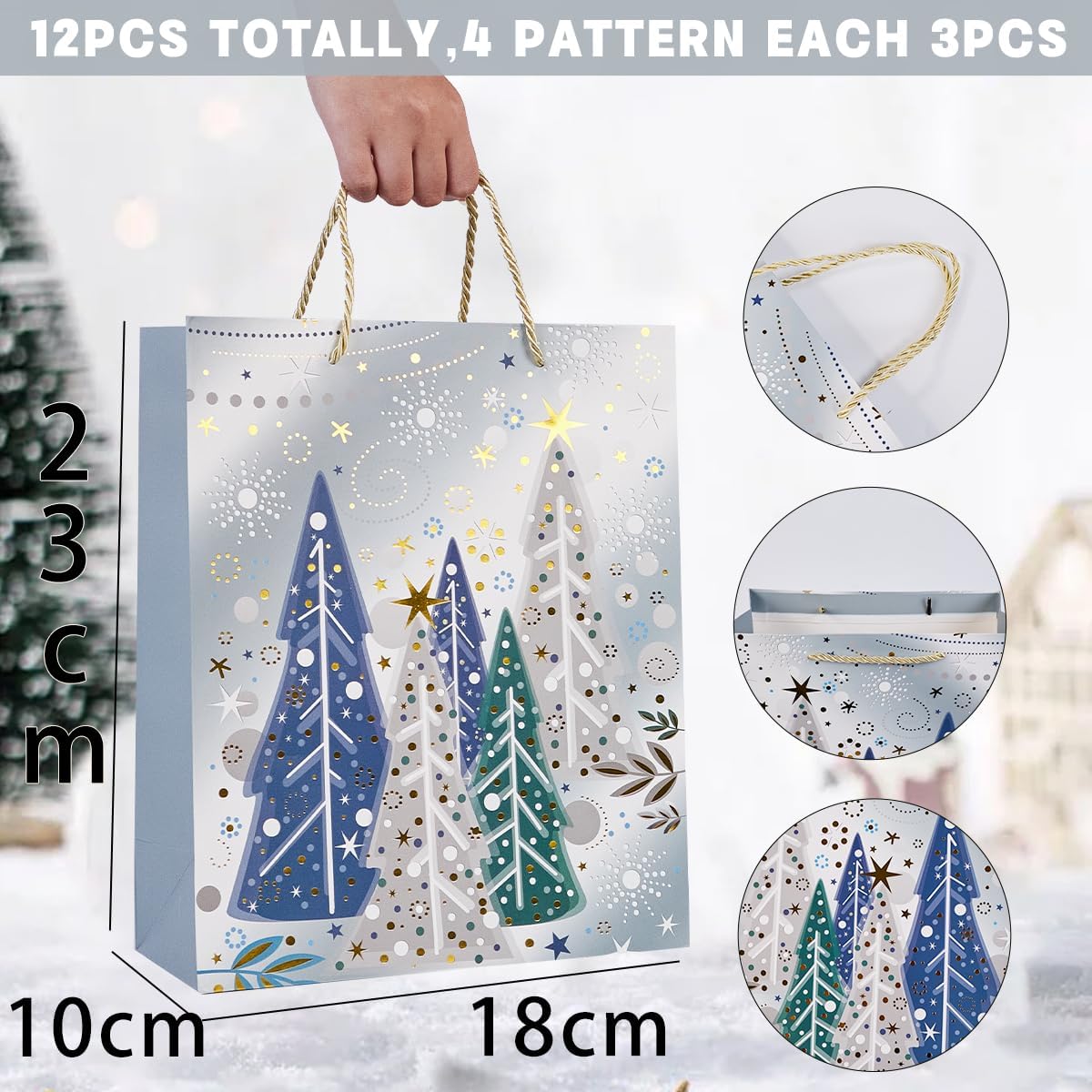 12Pcs Christmas Paper Gift Bags with Tissue Paper, 9 Inch Medium Size Assorted Christmas Elements Gift Wrap Bag for Xmas Party Presents Favors (Sliver)