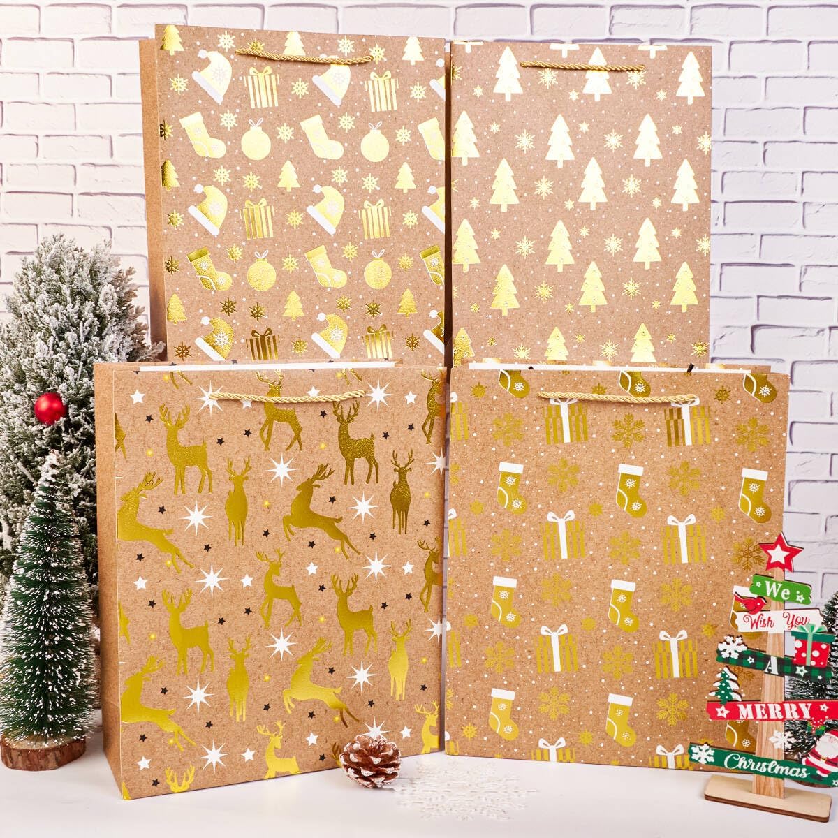 8-Pack Large Christmas Paper Gift Bags with Handles & Tissue Paper – 4 Festive Designs, Reusable Kraft Holiday Gift Wrapping for Xmas Presents