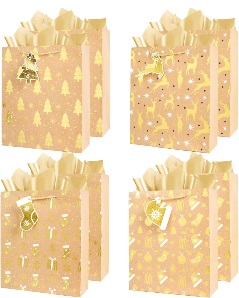 8-Pack Large Christmas Paper Gift Bags with Handles & Tissue Paper – 4 Festive Designs, Reusable Kraft Holiday Gift Wrapping for Xmas Presents