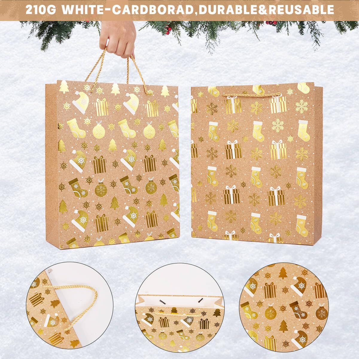 8-Pack Large Christmas Paper Gift Bags with Handles & Tissue Paper – 4 Festive Designs, Reusable Kraft Holiday Gift Wrapping for Xmas Presents