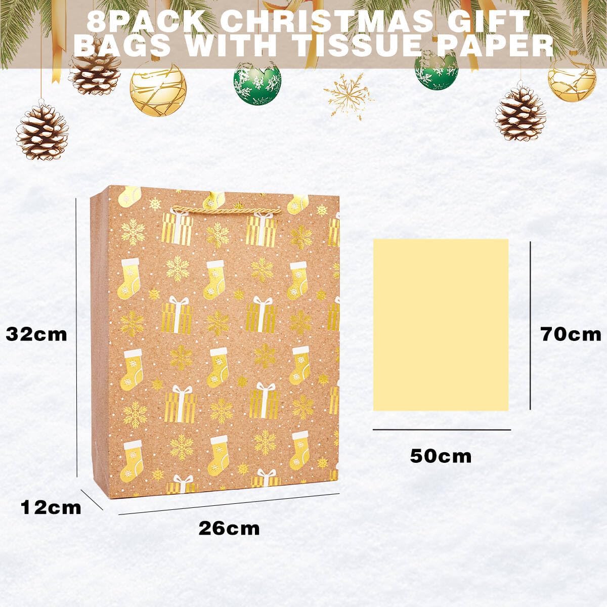 8-Pack Large Christmas Paper Gift Bags with Handles & Tissue Paper – 4 Festive Designs, Reusable Kraft Holiday Gift Wrapping for Xmas Presents