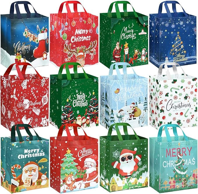 2Pack Small Christmas Bags, Non-Woven Reusable Christmas Bags, Xmas Tote Bag for Presents Shopping Party (27×20×10 cm)