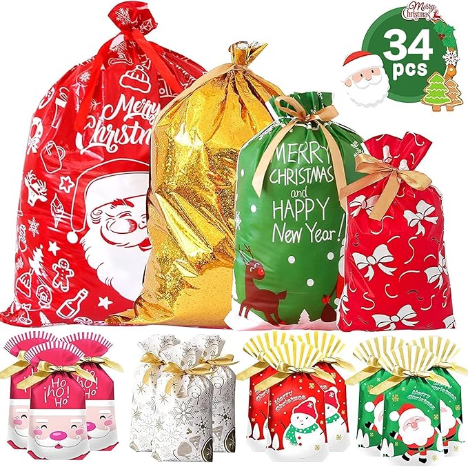34Pcs Christmas Bags Wrapping Bags with 8 Designs & 5 Sizes Drawstring Christmas Bags for Xmas Party Presents