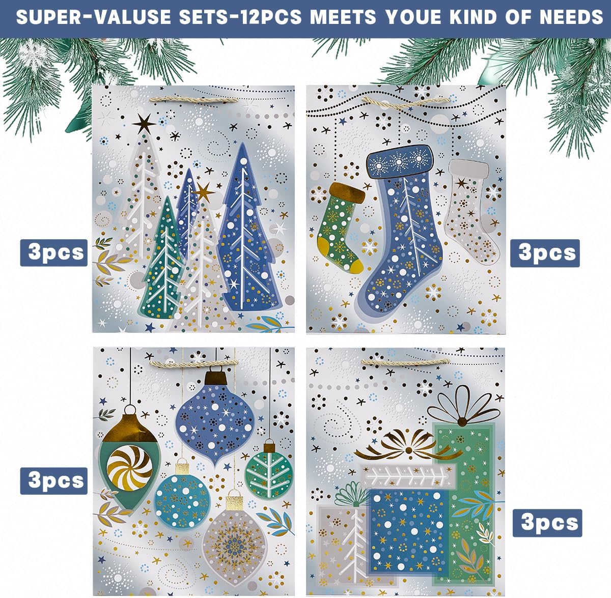 12Pcs Christmas Paper Gift Bags with Tissue Paper, 9 Inch Medium Size Assorted Christmas Elements Gift Wrap Bag for Xmas Party Presents Favors (Sliver)