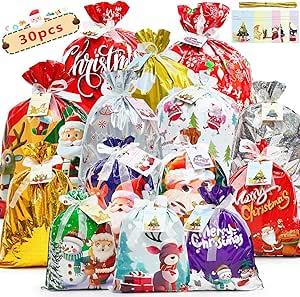 30 Pcs Christmas Wrapping Gift Bags, 14 Designs Ribbon Xmas Gift Bags, 4 Sizes Christmas Bags with 30 Pcs Xmas Greeting Cards for Presents, Party, Holiday, Birthday