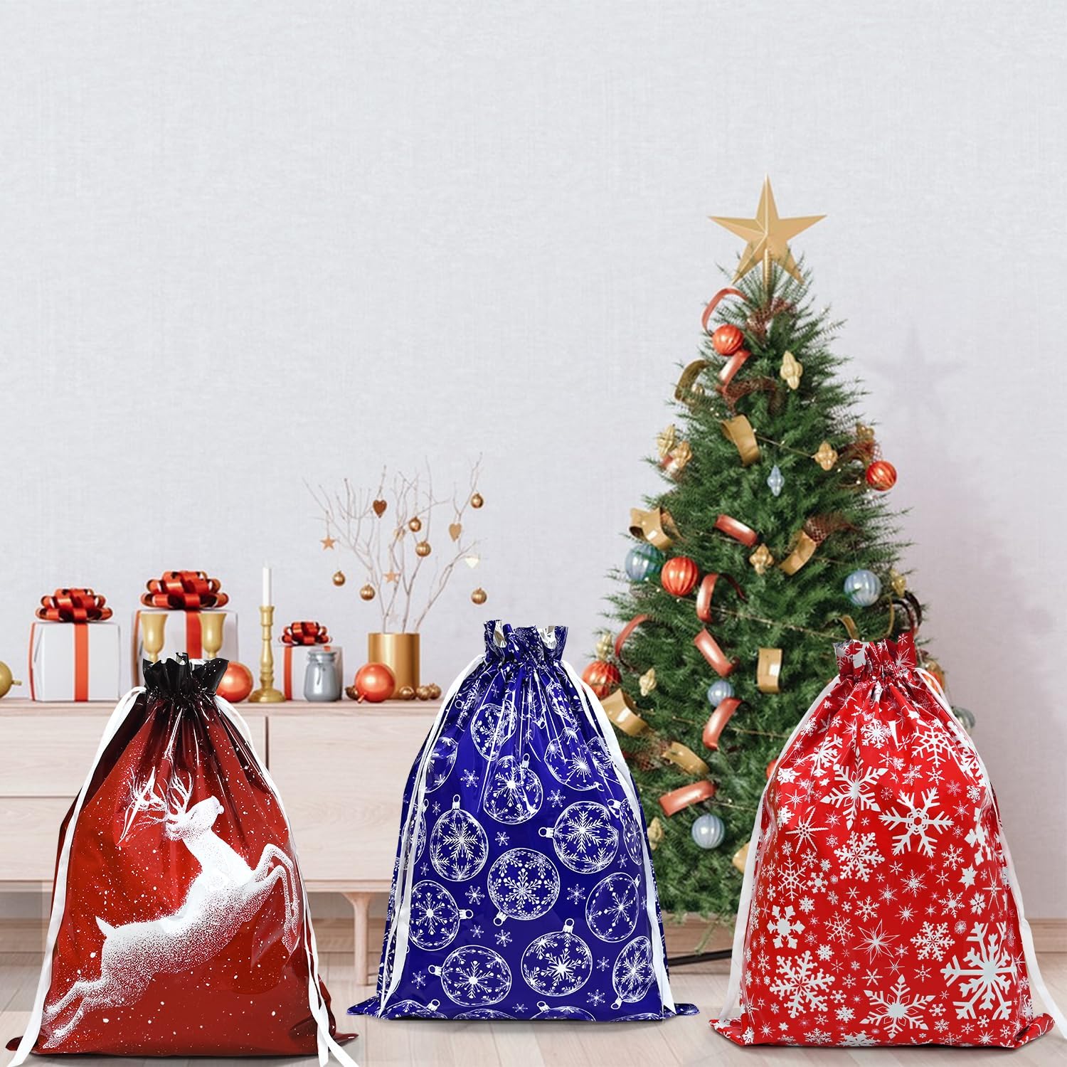 Christmas Bags,4PCS Large Size 43 * 58cm Xmas Gift Drawstring Bags,Christmas bag of different 4 styles for Party Decorations