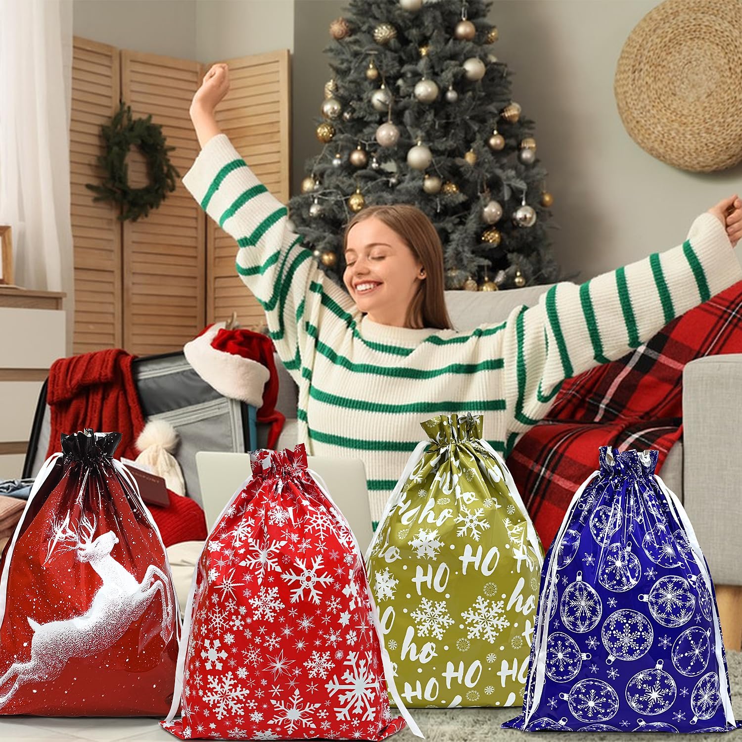Christmas Bags,4PCS Large Size 43 * 58cm Xmas Gift Drawstring Bags,Christmas bag of different 4 styles for Party Decorations